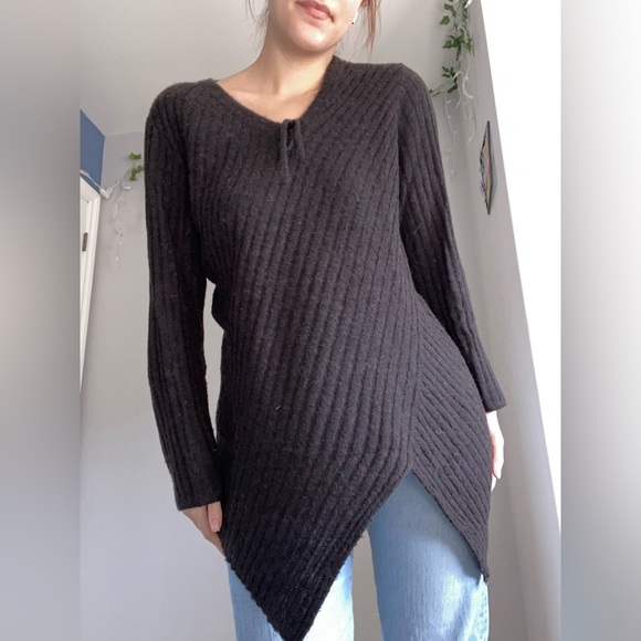 SANDWICH_ Dark Brown Ripped V Neck Long Sweater - Picture 2 of 6